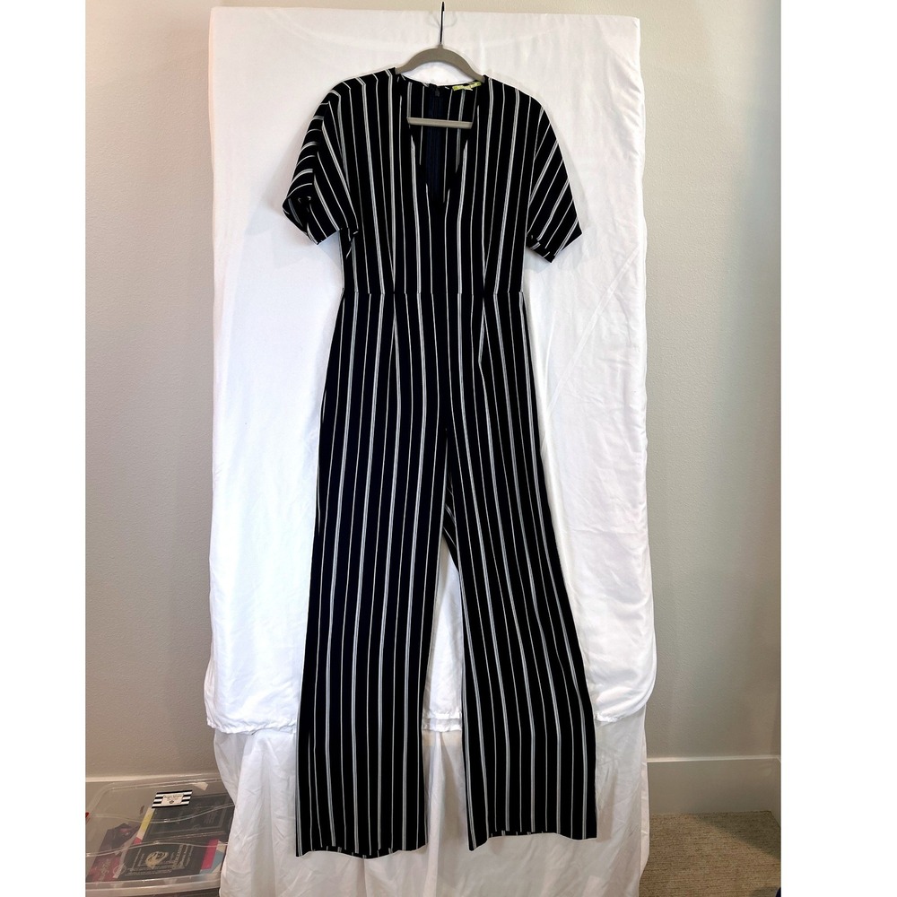 Gianni Bini Womens Navy White Striped V-Neck Short Sleeve Wide Leg Jumpsuit 4